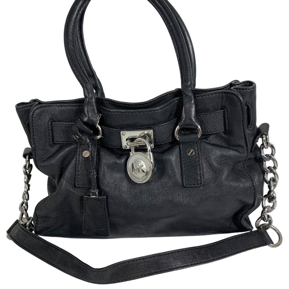 MICHAEL KORS Hamilton Black Leather Shoulder Handbag Silver Tone Lock/Key FLAW